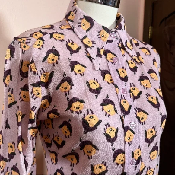 Vintage 60 '70 Mod MCM the red Eye Pig Print Lavender Dagger collar Shirt - Picture 1 of 16